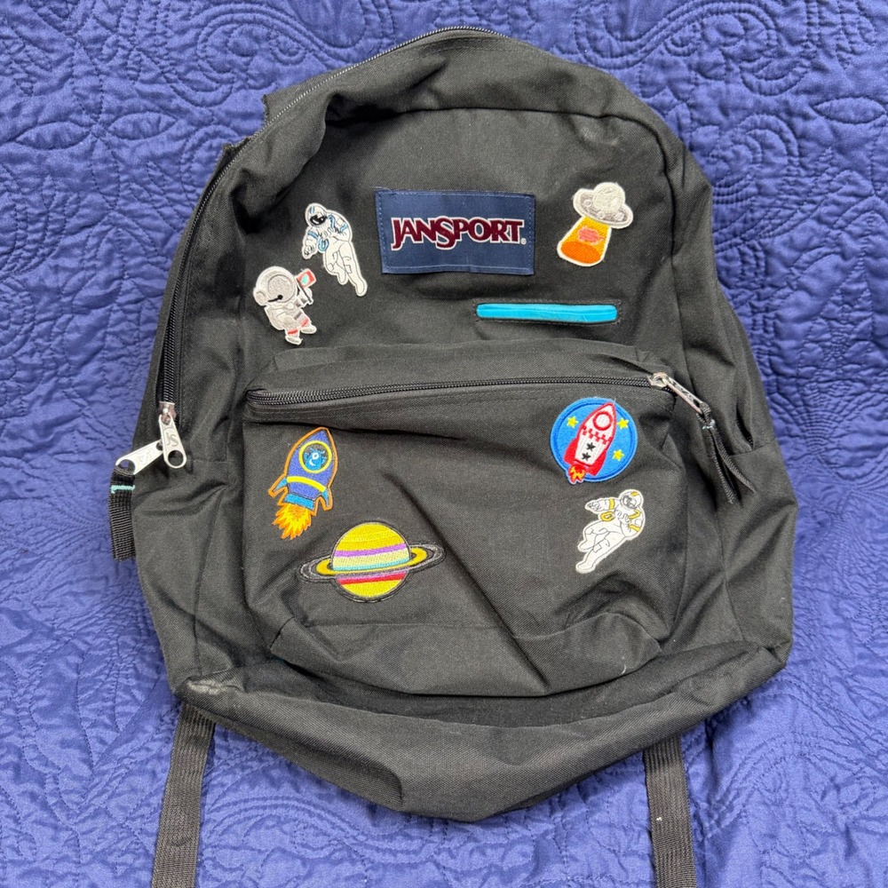 JanSport Black Backpack Outer Space Astronaut Patches Tech Pocket Fair Condition